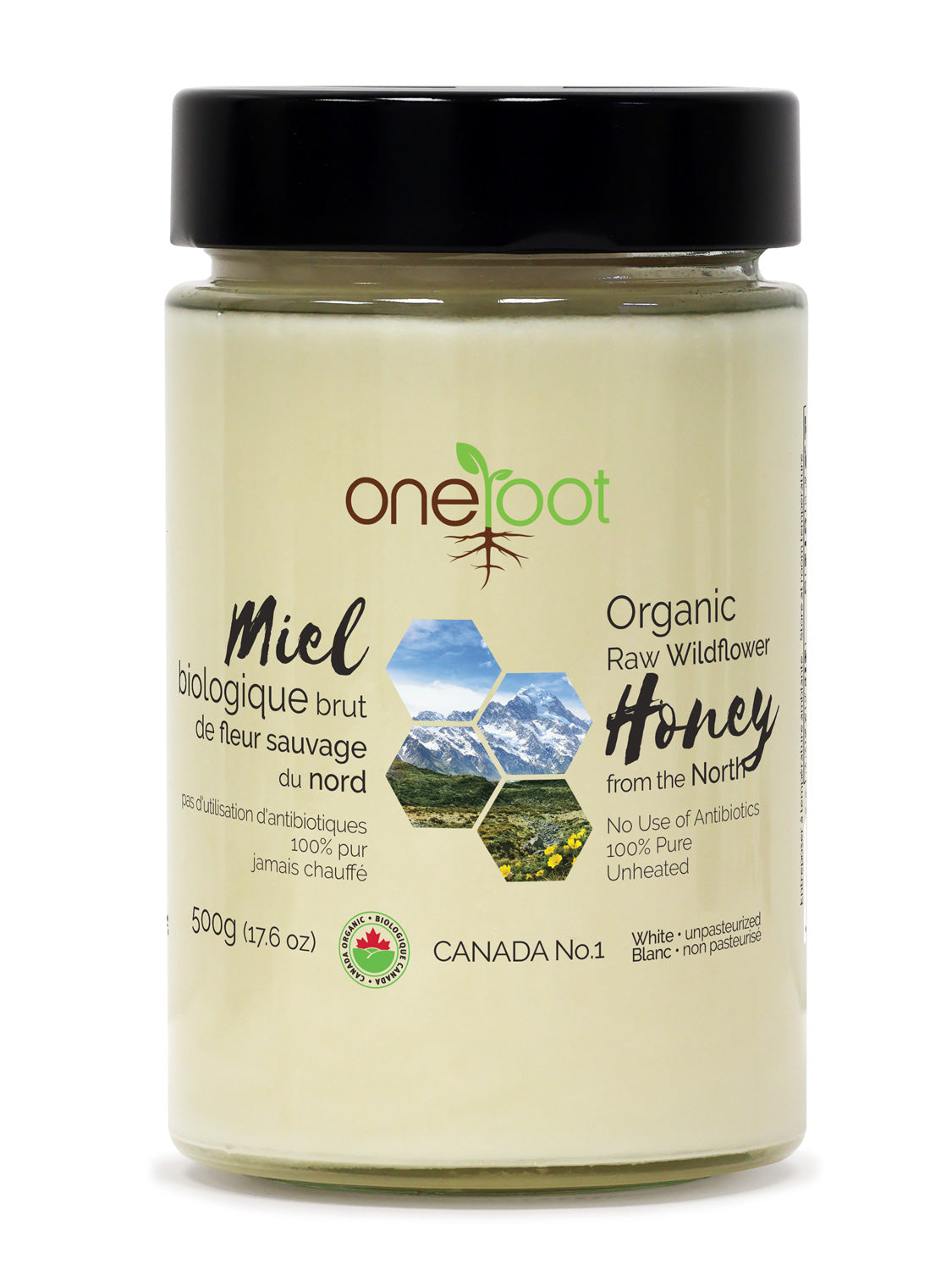 500g jar of OneRoot Canadian Raw Wildflower Honey, labeled as 100% pure and unpasteurized, with no use of antibiotics, against a natural backdrop