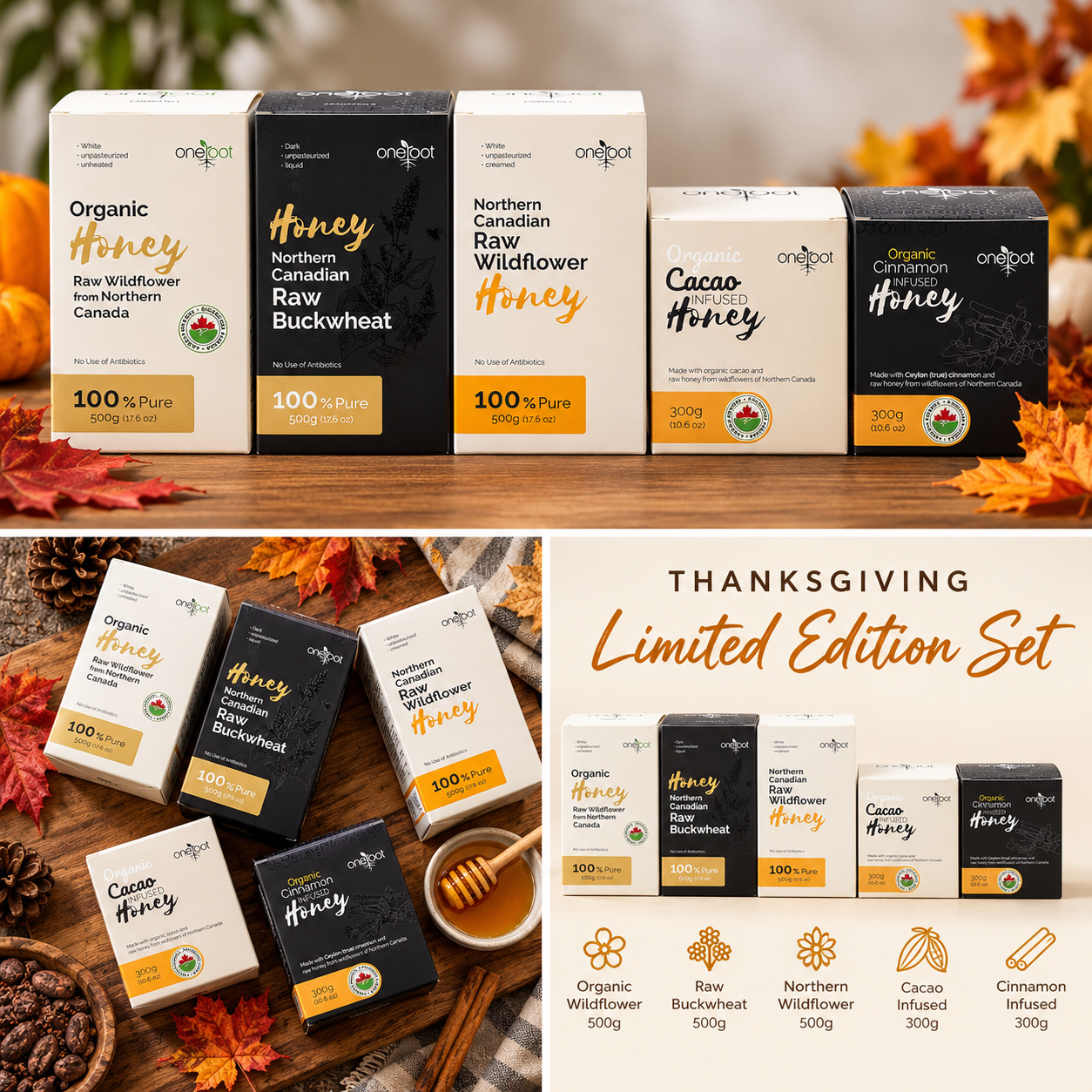 Fall Thanksgiving themed honey jars in boxes